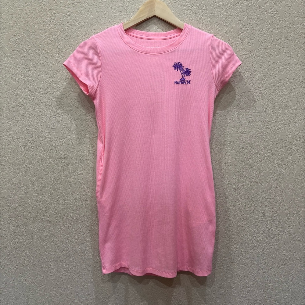 Hurley Girls Neon Pink Summer Short Sleeve Dress Palm Tree 10/12 Beach Coastal